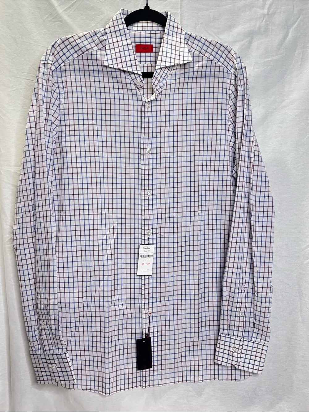 Isaia White Button-Down Shirt with Blue and Red Windowpane Sz 42